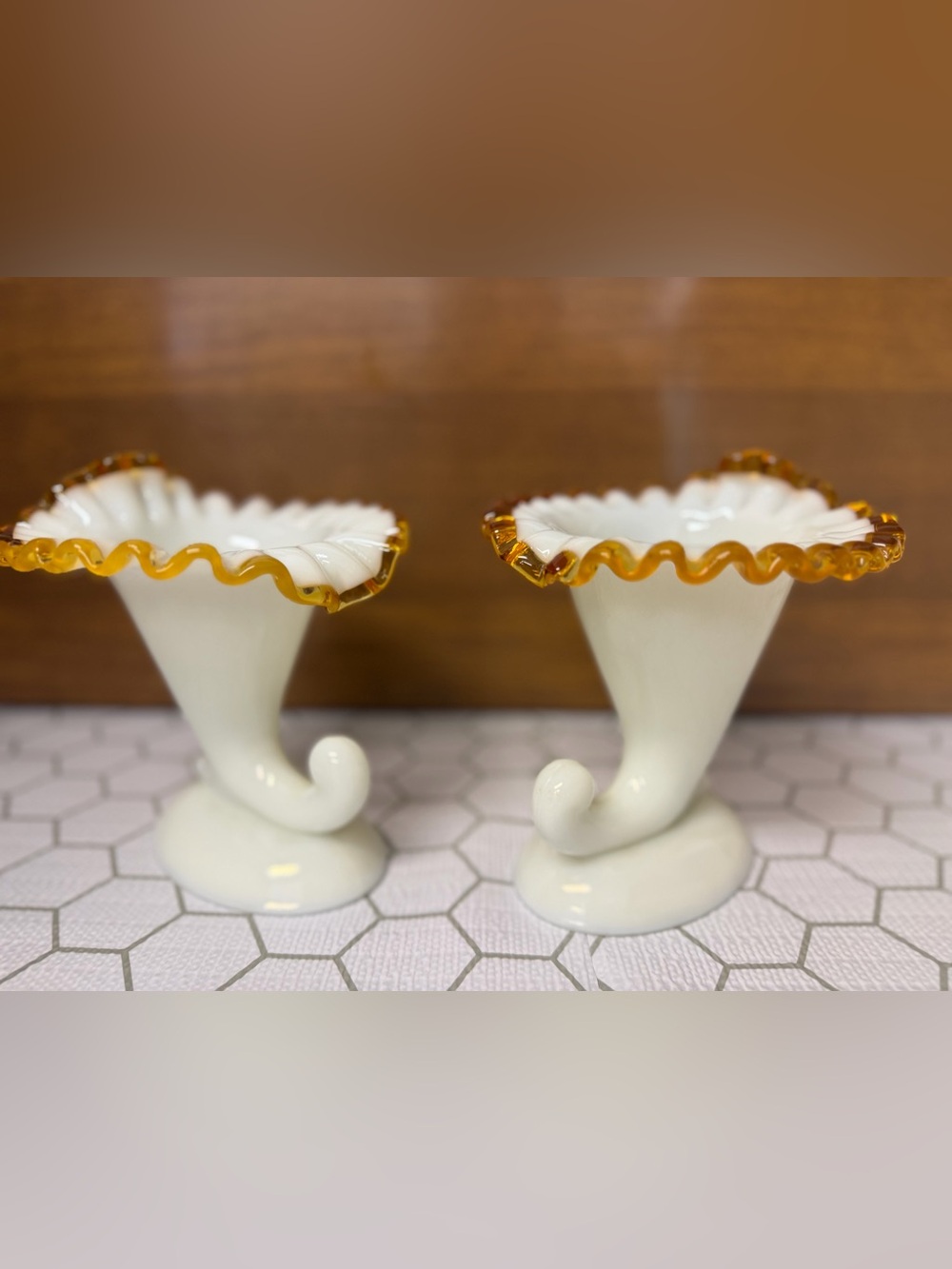 Pair of Fenton Milk Glass Amber Crest Cornucopia Silver Crest Candlesticks